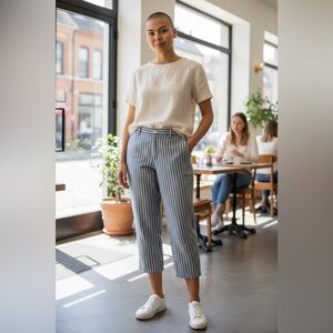 Zara High Waist Striped Cropped White/Blue Jeans-size 34